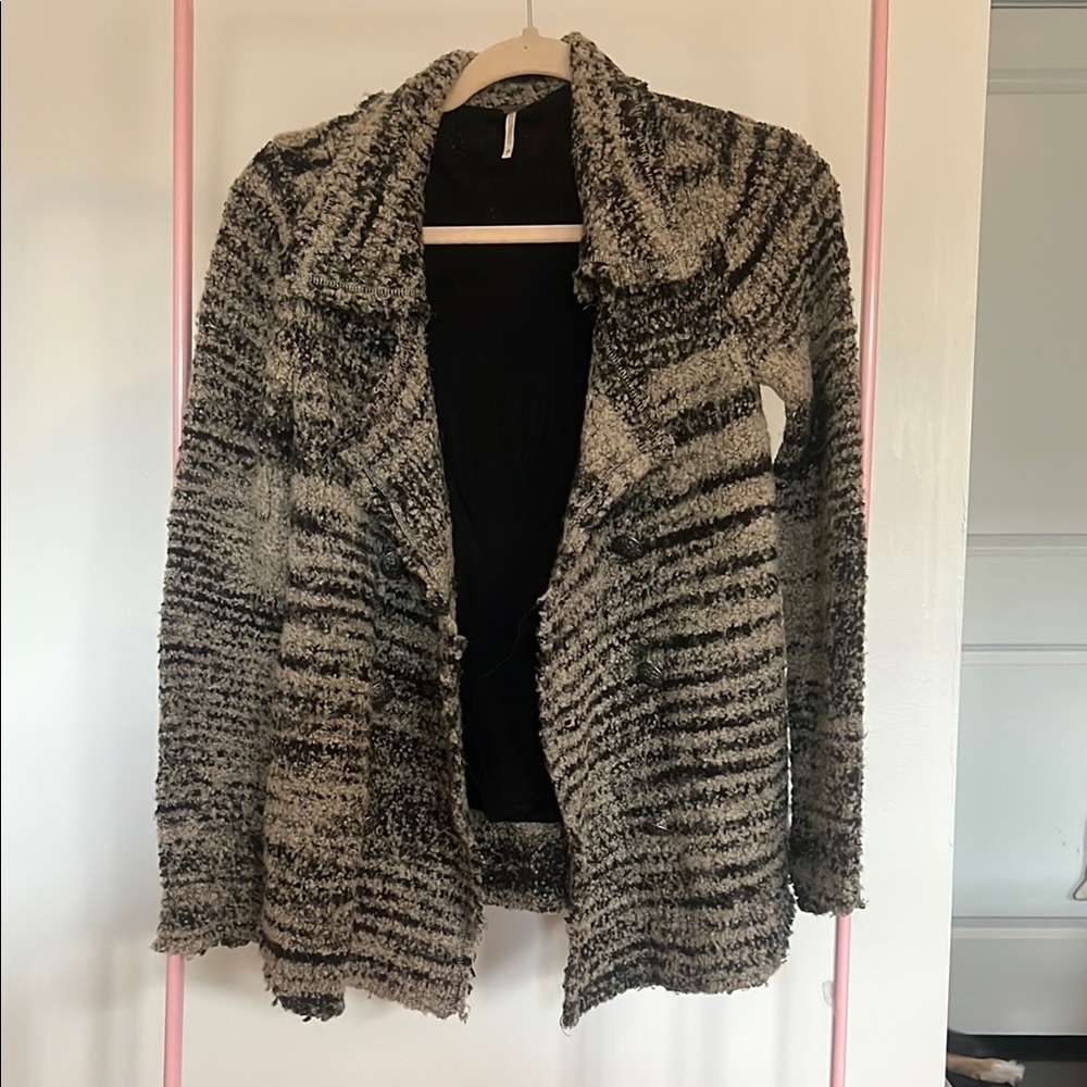 Free People Black and Green/Gray Textured Cardigan Sweater